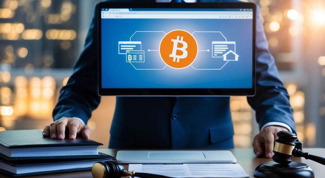A figure in a suit stands in front of a computer, with a Bitcoin symbol on the screen. Legal documents and a gavel are on the desk