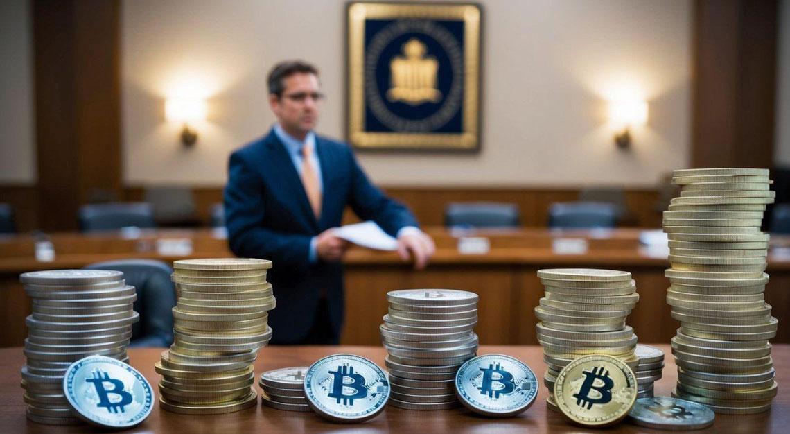 A criminal defense attorney standing in a courtroom, surrounded by stacks of evidence related to Bitcoin transactions and digital currency