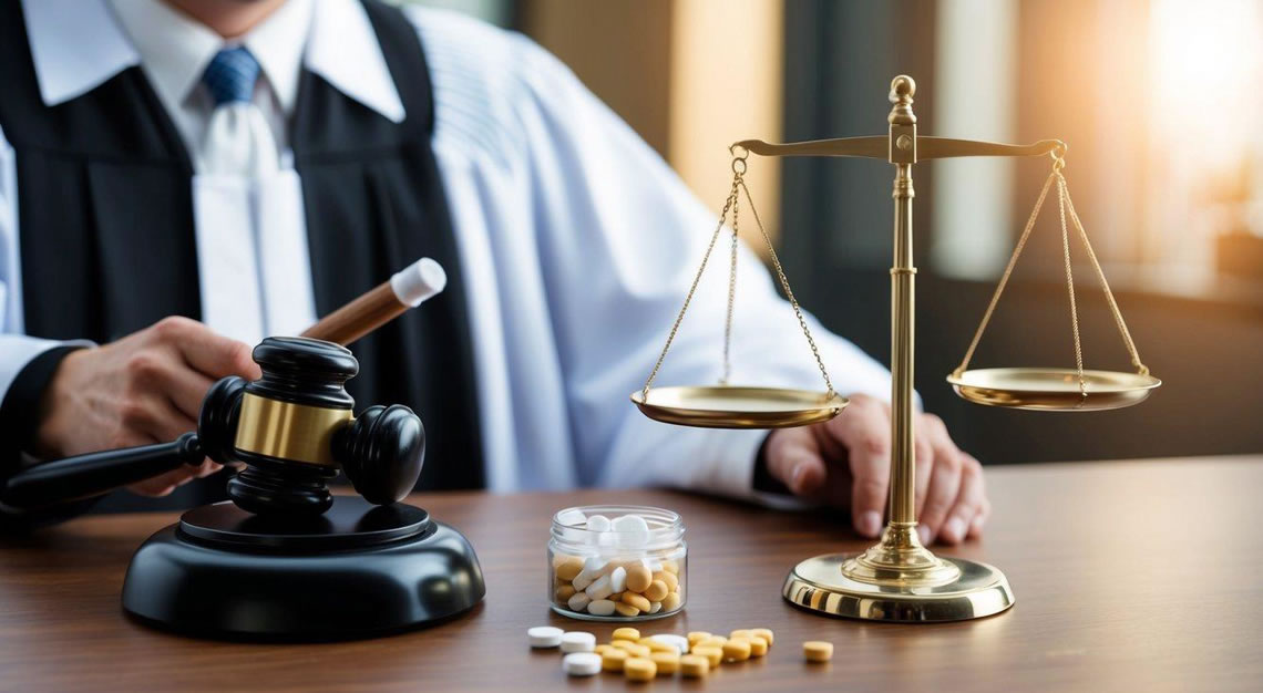 A scale weighing drugs with a gavel and judge's robe nearby