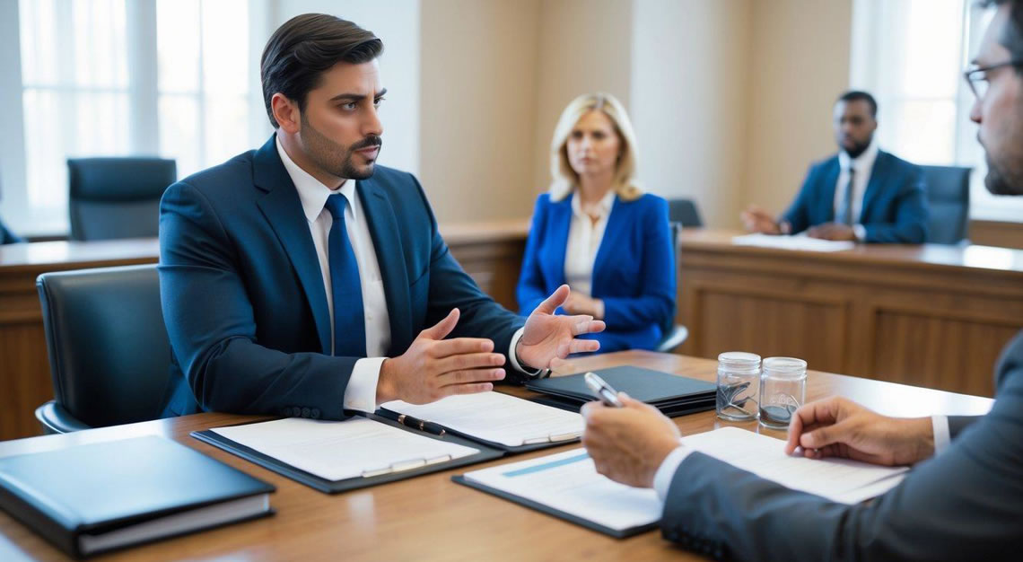 A courtroom scene with a lawyer defending a client against fraud charges, with legal documents and evidence presented on the table